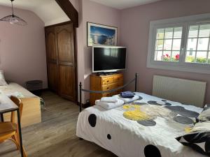 a room with a tv and a bed in a room at les chambres de la grange in Saint-Germain-de-la-Grange