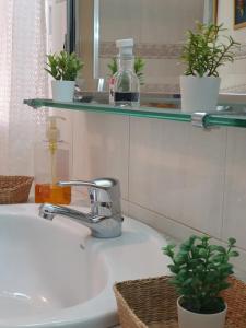 a bathroom sink with two potted plants and a mirror at La Casa de la Plazuela, Morata de Tajuña in Morata de Tajuña