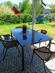 a blue table with two chairs and a potted plant on it at Kostek in Rowy