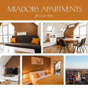 摩拉瓦托普利采的住宿－Miadora apartments - Apartma Bela štorklja，一张床铺和一张桌子的酒店客房的照片拼在一起