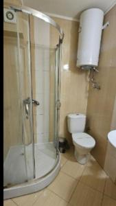 uma casa de banho com um chuveiro e um WC. em PSB Apartment in Afrodita 1 em Sunny Beach