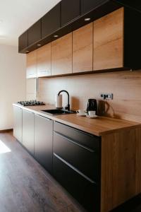 eine Küche mit Holzschränken und einer Arbeitsplatte in der Unterkunft Apartman Marinela in Belišće