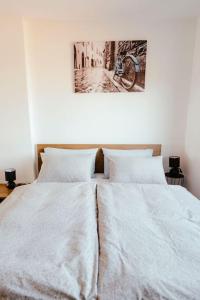 1 dormitorio con 2 camas y una foto en la pared en Apartman Marinela, en Belišće