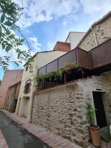 um edifício de pedra com plantas ao lado dele em La casa cosy love, avec jacuzzi et sauna privés em Palau-del-Vidre
