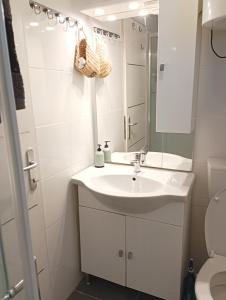 a white bathroom with a sink and a mirror at Green oasis Deda Božo in Rovinj