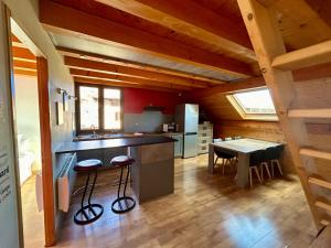 een keuken met een aanrecht en een tafel in een kamer bij Chez Fred - CLG Savoie - 2Ch - 1 SDB in Chevillard