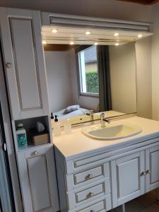 ein Badezimmer mit einem Waschbecken und einem großen Spiegel in der Unterkunft Maison calme et lumineuse de plain-pied in Cabourg