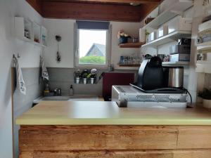 eine Küche mit einer Arbeitsplatte und einem Drucker darauf in der Unterkunft Maison calme et lumineuse de plain-pied in Cabourg