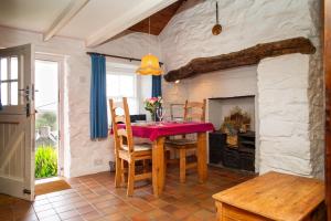 a dining room with a table and a fireplace at Maes yr Afon St Dogmaels in Saint Dogmaels
