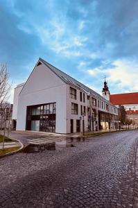 a white building on the side of a street at Apartmán Leonardo - city center in Trnava