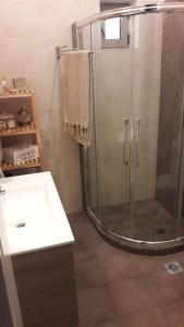 een badkamer met een douche en een glazen douchecabine bij Anesis with yard in Myrtos