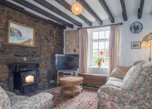 a living room with a couch and a fireplace at Rhyd y Brown Farmhouse Llys Y Fran in Pen-ffordd