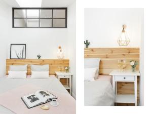 dwa obrazy sypialni z łóżkiem i stołem w obiekcie Radziwiłłowska Old Town Apartments w Krakowie