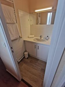 La salle de bains est pourvue d'un lavabo et d'un miroir. dans l'établissement Appartement F2 Le Puy-de-Dôme, à Châtel-Guyon