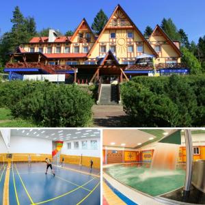 a collage of pictures of a building with a man on a court at Hotel Sluníčko in Ostravice