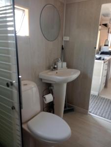 a bathroom with a white toilet and a sink at Siedlisko Kalimera in Orzysz
