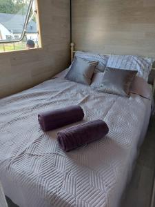 1 cama grande con 2 almohadas encima en Siedlisko Kalimera, en Orzysz
