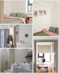 a collage of photos of a bathroom and a bedroom at Ly Homestay - Nera Garden Huế in Hue