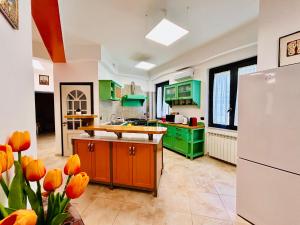 a kitchen with green cabinets and a white refrigerator at Seamply apartment il mare in 1 minuto in Maiori