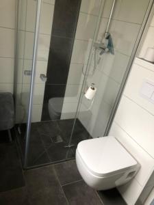 a bathroom with a toilet and a glass shower at Muuske in Emden