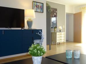 ein Wohnzimmer mit einer blauen Kommode und einem TV darauf in der Unterkunft Eifelheimat-Lorbach in Schleiden-Herhahn in Schleiden
