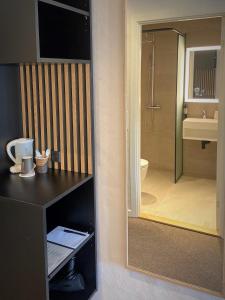 a bathroom with a shower and a sink and a toilet at Hotel Dalgas in Brande