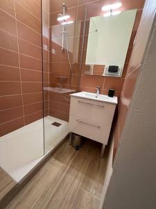 a bathroom with a shower and a sink and a mirror at L'escale Cévenole - Esprit Terracotta in Anduze