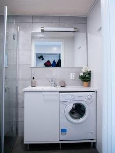 a bathroom with a washing machine and a sink at Elegant Penthouse Loft - Near the Airport in Vantaa