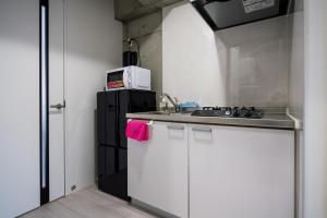TomariにあるALBERGO Pino 泊のシンクと電子レンジ付きの小さなキッチン