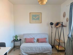 a living room with a couch with two pink pillows at Joli studio lumineux centre avec parking securise dans quartier recherche in Aix-en-Provence