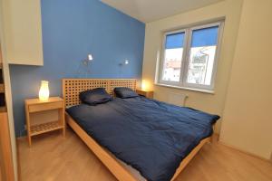 een slaapkamer met een bed met blauwe muren en een raam bij Apartament Słoneczny 6 in Opole