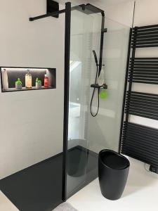 a bathroom with a glass shower with a black stool at La maison de Timao in Hannut