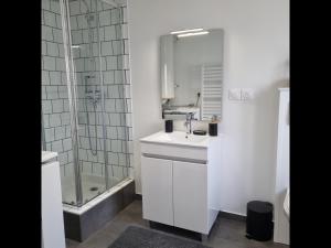 La salle de bains blanche est pourvue d'un lavabo et d'une douche. dans l'établissement Le Rethel, à Caen