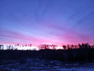 una puesta de sol sobre un campo con árboles y nieve en Chill and stay en Ösmo