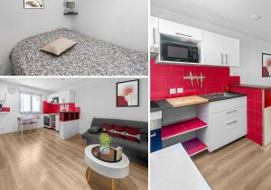 two pictures of a kitchen and a living room at Retraite Bucolique à Leyment in Leyment