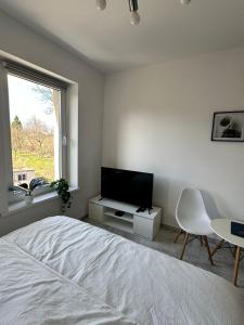1 dormitorio con 1 cama, TV y silla en Kawalerka w Górach, en Wałbrzych