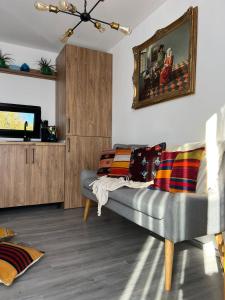 a living room with a couch and a television at Cuibul din livadă in Suduleni +46 photos