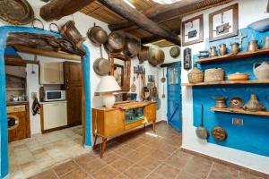 une cuisine avec des murs bleus et de nombreux casseroles et poêles dans l'établissement Villa Orgoai, à Orgosolo