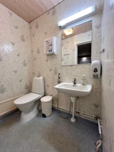 ein Badezimmer mit einem WC, einem Waschbecken und einem Spiegel in der Unterkunft Sova Guesthouse in Sodankylä