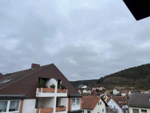 a view of a town with houses and a mountain at Wohnung in BadKissingen in Bad Kissingen