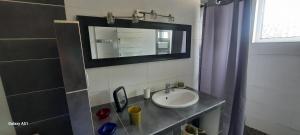a bathroom with a sink and a mirror at La Provençale in Valensole +33 photos