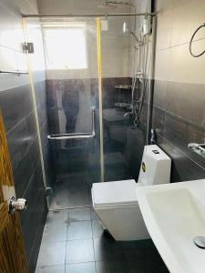 uma casa de banho com um chuveiro, um WC e um lavatório. em Rideway wellawatte em Colombo