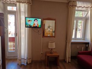 sala de estar con TV en la pared y ventanas en Villaggio Turistico Ploner - nel cuore delle Dolomiti tra Cortina e Dobbiaco, en Dobbiaco