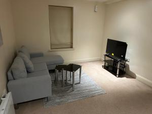 uma sala de estar com um sofá, uma mesa e uma televisão em Comfort Arena em Colchester