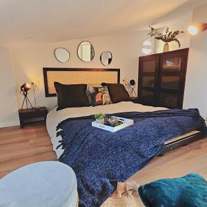 a bedroom with a large bed with a blue blanket at Authentic Madrid Experience -Plaza Mayor 7min walk - Spectacular view - Champagne in Madrid