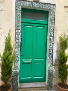 een groene deur op een gebouw met twee planten bij Sqaq Numru 1 Accomodation in Rabat
