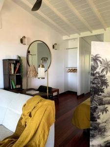 een slaapkamer met een bed en een grote spiegel bij Ti Cottage sous les Tropiques in Les Avirons