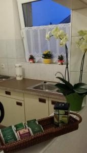 a kitchen counter with a sink and a window at Sweet Home in Friedrichshafen