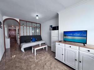 un salon avec un canapé et une télévision à écran plat dans l'établissement Apartamento-Estudio en la Playa, à Patalavaca