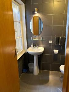 Ferrette的住宿－Chambres d'Hôtes Le Felseneck - NOUVEAU PROPRIÉTAIRE - NEW MANAGEMENT，一间带水槽和镜子的浴室